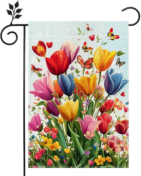Spring Summer Tulip Garden Flag 12x18 Inch Double Sided, Colorful Welcome Yard Decor, Farmhouse Outdoor Flag for Lawn Patio Porch
