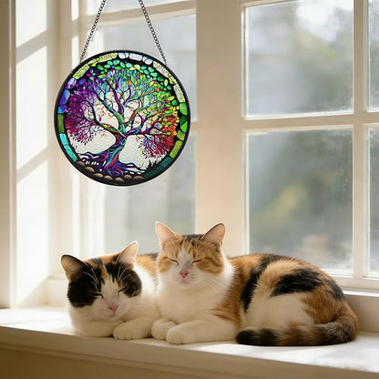 Suncatcher Stained Glass Window Hanging - Life Sun Glass Panel with Metal Chain and Hooks Handmade Sun Catcher Decoration for Window Garden Home Christmas & Birthday Gifts
