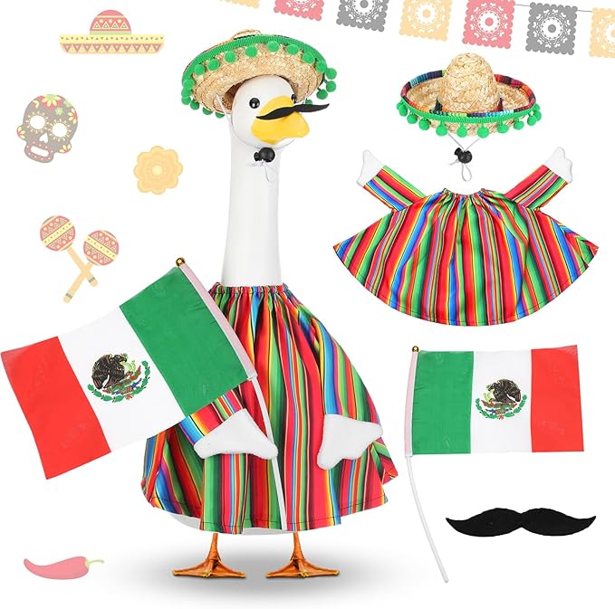 Abbylike 4 Pcs/set Mexican Porch Goose Outfits Cinco De Mayo Yard Goose Costume Clothes with Fiesta Sombrero Beard Flag Fit 23'' Cement for Mexican Fiesta Garden Patio Yard Statue Pathway Decoration