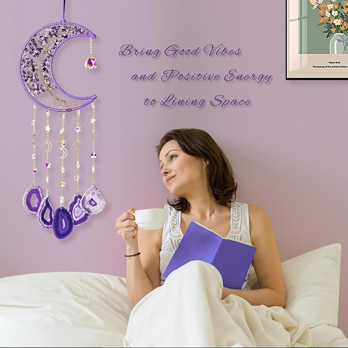 Amethyst Wind Chimes with Bracelet, 26” Amethyst Crystal Suncatcher, Heartfelt Wind Chime for Mom, Mother Birthday Gifts, Mom Gifts