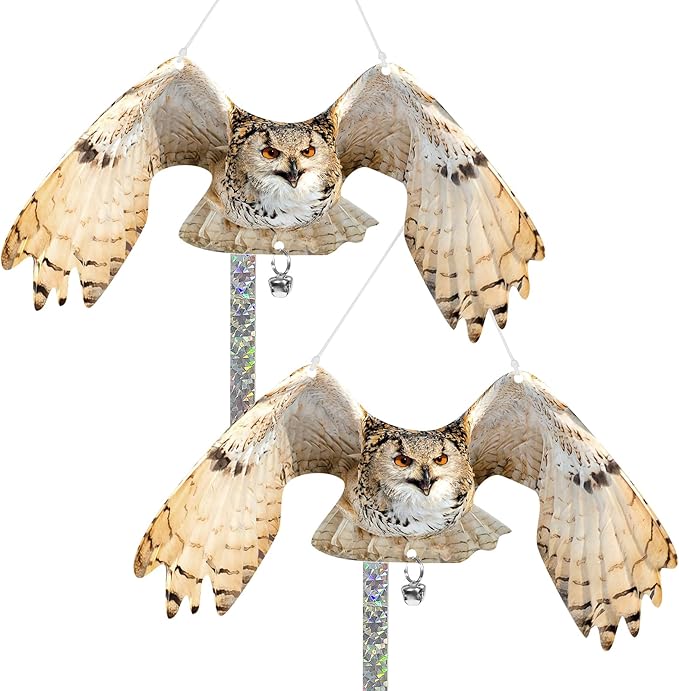 Owls to Keep Birds Away: 2Pcs Fake Owls with Reflective Tape for Garden Patio Tree, Bird Scare Reflective Hanging Decoration to Keep Birds Pigeon from Windows Tree Garden