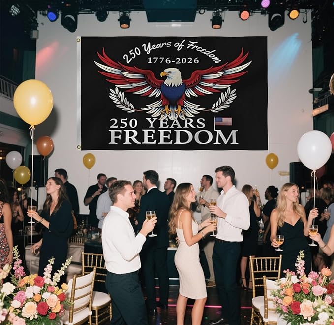 250 Years Of Freedom Blue Flags 6X10Ft, 250th Birthday Flag, Men Women Banner,Vibrant Colors, Double Stitched with 2 Brass Grommets, Bar Garden Street Decoration, GYM, Office Decor,Indoor Outdoor Use,Gifts. (Black, 6x10ft)
