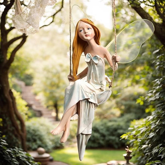 Fairy Garden Swing Fairyland Fantasy Winged Hanging Angel Statue 8In Resin Vivid Decorative Garden Statue for Home Office Yard