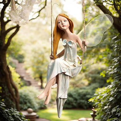 Fairy Garden Swing Fairyland Fantasy Winged Hanging Angel Statue 8In Resin Vivid Decorative Garden Statue for Home Office Yard