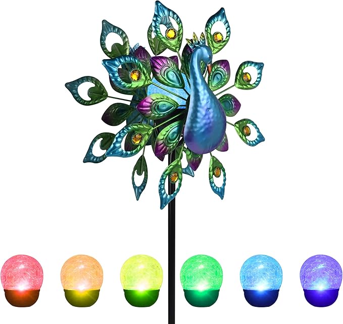Peacock Solar Wind Spinner, 62Inch Double Wind Sculpture with Color Changing LED Light, Wind Sculptures & Spinners Outdoor Metal Stake Yard Spinners