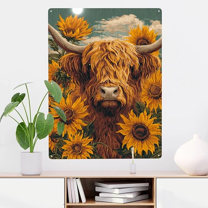 Pastoral Highland Cattle Metal Poster Wall Art, 12X16 Inch Metal Sign Depicting Shaggy Scottish Cow.Vintage Colors Aesthetics,Vibrant Design,Gift Ideal For Farm Life Lovers