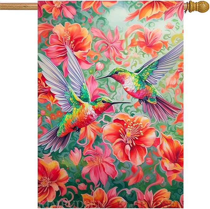 Vibrant Hummingbird Floral House Flag 28x40 Inch Double Sided Spring Summer Outdoor Yard Flag for Patio Porch Lawn Farmhouse
