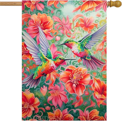 Vibrant Hummingbird Floral House Flag 28x40 Inch Double Sided Spring Summer Outdoor Yard Flag for Patio Porch Lawn Farmhouse