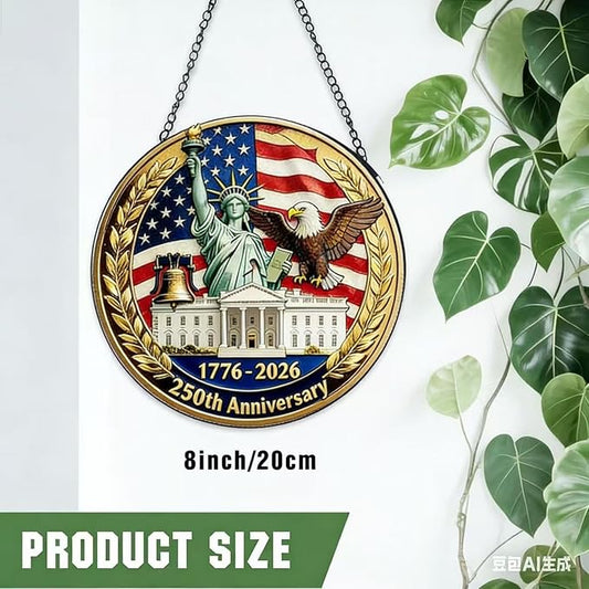 250th Anniversary America Round Ornament,1776-2026 Years with Freedom USA Flag Designs Patriotic Acrylic Stained Glass for Garden Decor Independence Day Sun Catcher for Home Supplies