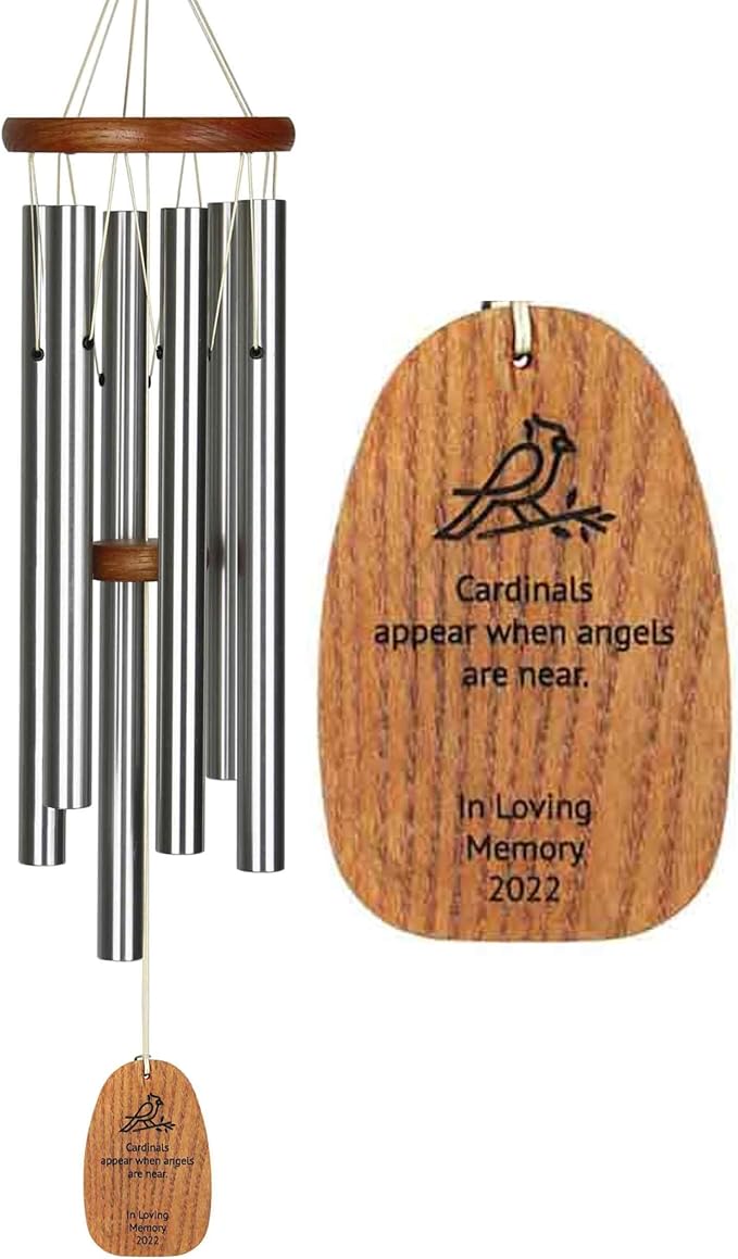 Woodstock Wind Chimes Personalized Amazing Grace Memorial Chime for Outside 24'' Medium Silver Sympathy Customized Cardinal Inspirational Wind Chime for Outdoor Patio Home Garden Decor