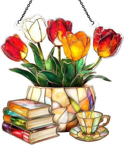 Jesuspirit - Window Hanging Suncatcher – Crystal Clear Acrylic & Wood Sun Catcher for Home Decor, for Women (Nostalgic Tulips, Books, and Tea -, 8 Inches)