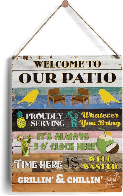 Colorful Patio Sign Gifts, Rustic Welcome to Our Patio Wooden Signs Wood Plaque Hanging Sign Home Outdoor Decor 8 x 10 Inches