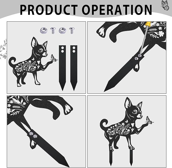 Garden Decor for Outside - 3 Pcs Chihuahua Statue Metal Yard Stakes Waterproof Black Animal Silhouette Ornaments Patio Lawn Pathway Backyard Decorations Cute Birthday Gifts for Dog Lover