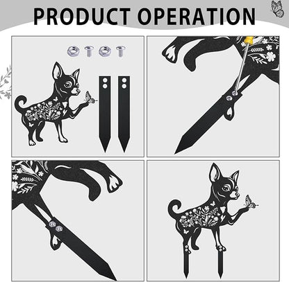 Garden Decor for Outside - 3 Pcs Chihuahua Statue Metal Yard Stakes Waterproof Black Animal Silhouette Ornaments Patio Lawn Pathway Backyard Decorations Cute Birthday Gifts for Dog Lover