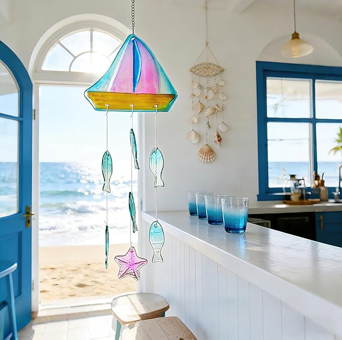 H&D HYALINE & DORA 23.5 Inch Glass Wind Chimes Colorful Sailboat Decor Hanging for Outside Glass Fish Wind Chime Outdoor Decor for Harmonic Porch, Patio & Garden