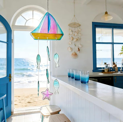 H&D HYALINE & DORA 23.5 Inch Glass Wind Chimes Colorful Sailboat Decor Hanging for Outside Glass Fish Wind Chime Outdoor Decor for Harmonic Porch, Patio & Garden