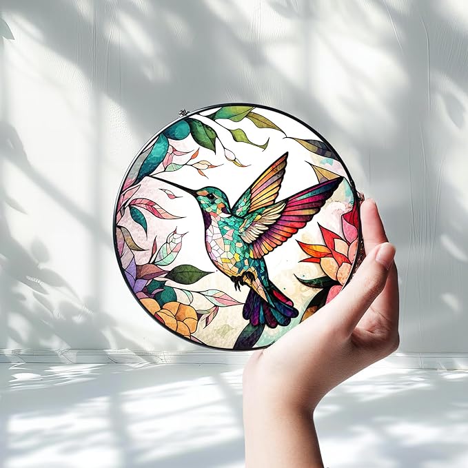 7.8" Hummingbird Stained Glass Suncatcher, Bird Suncatcher for Window Hanging, Art Decor for Home Garden Housewarming, Gift for Mom, Grandma, Women, Friend, Bird Lover P-SC-M114-SG8