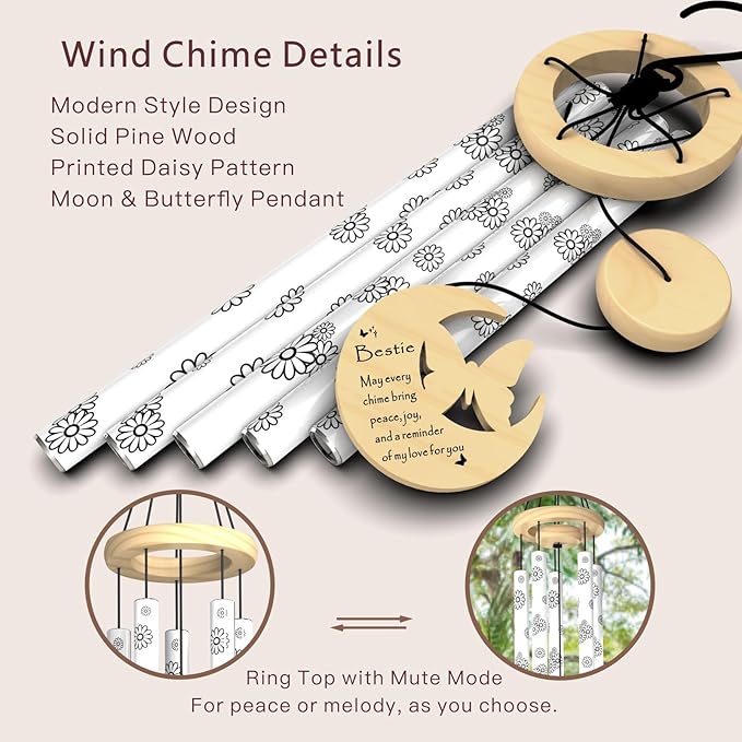 Bestie Gifts for Women, Best Friend Birthday Gifts, 32" Butterfly Daisy Modern Wind Chimes, Unique Friendship Gift for Birthday, Bestie Gift Ideas for Bestfriend BFF (for Bestie)