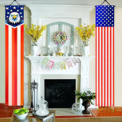 BlissYard 4th of July Decorations 2Pcs Patriotic Decor Door Banner American Flag Banner USA Independence Banners Hanging Porch Signs for Memorial Day Veterans Day Labor Days for Yard Indoor Outdoor Supplies