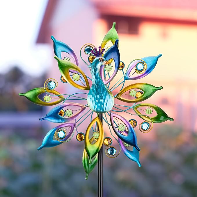 DREAMYSOUL Outdoor Peacock Wind Spinners with Gem Decor, 13" D*65" H Double Sided Kinetic Wind Sculptures & Spinners, Metal Peacock Decor for Garden Yard Lawn