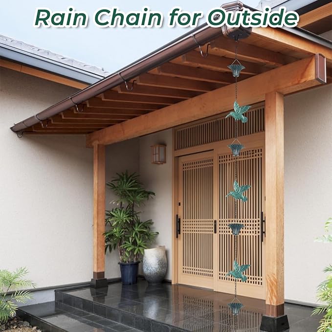 8.5FT Blue Hummingbird Rain Chain for Gutters, Decorative Downspout Alternative for Outdoor Garden & Patio, Designed for Heavy Rain Water Flow