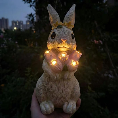 Solar Garden Statues Outdoor Decor,Rabbit Statue with Flowers and 5 LED Lights,Yard Decorations for Patio, Balcony, Backyard, Lawn Ornaments,Unique Birthday House Warming Gifts for Women, Mom, Grandma