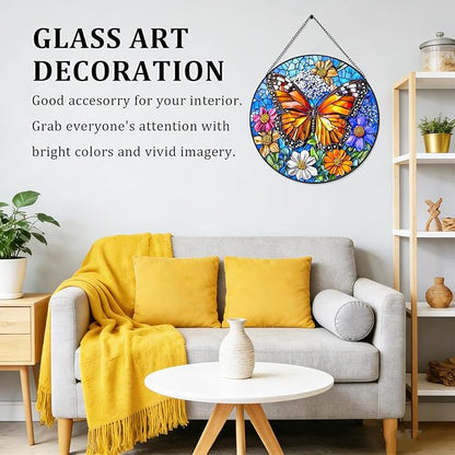 Butterfly Stained Glass Window Hanging Suncatchers, Flower Sun Catchers Indoor Window Glass Wall Art Decor,Birthday Gifts for Women 7.87"