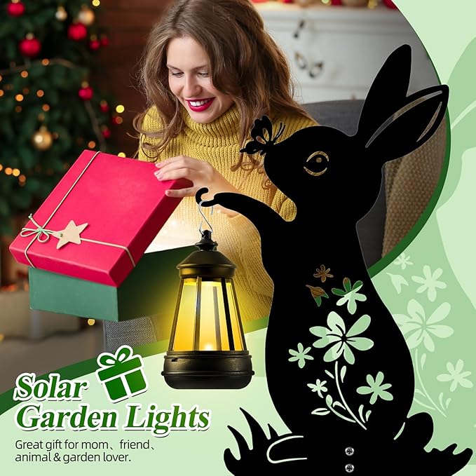 Bunny Solar Garden Stakes, Rabbit Silhouette Decorative with Solar Lantern, Metal Garden Easter Decoration for Yard,Lawn,Pathway