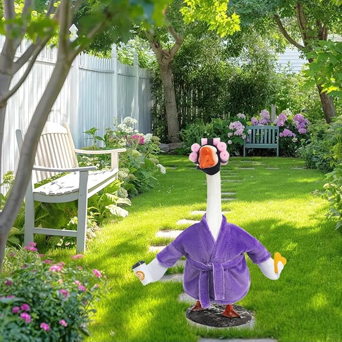 Porch Goose Outfit Fall Costume for 23'' Cement Goose Statue Winter Porch Goose Clothes Mamma Robe Self Care Outfit with Bathrobe Coffee Curlers for Outdoor Garden Yard Lawn Patio Decoration(Purple)