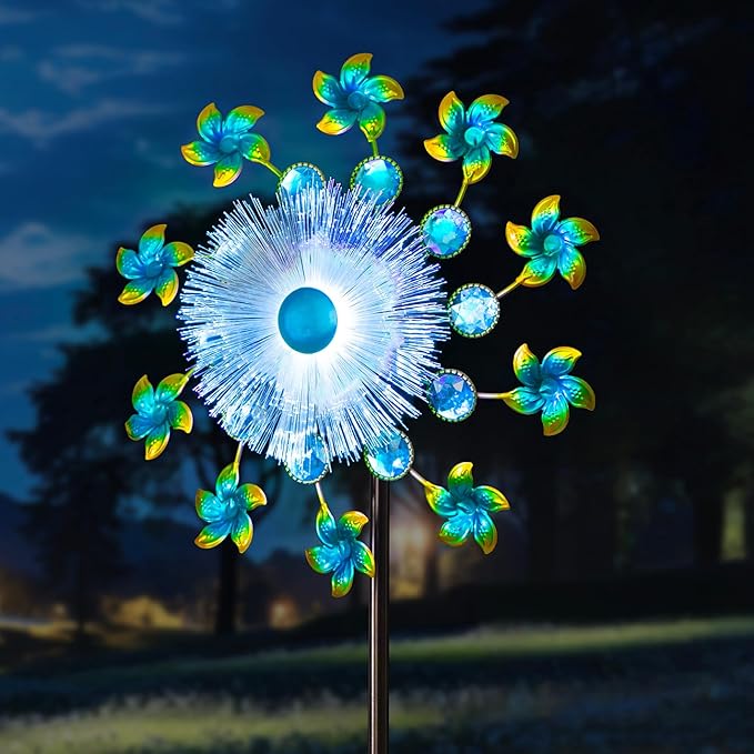 46" Flower Solar Wind Spinners Led Garden Wind Spinner, Sapphire Kinetic Windmill Wind Spinner Outdoor Decor, Solar Wind Sculpture Yard Art for Patio, Lawn & Garden
