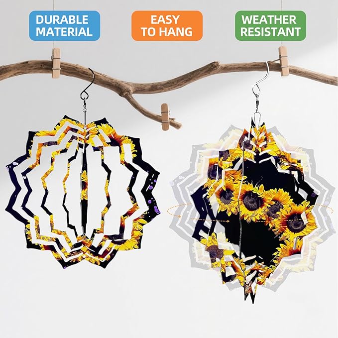8 Inch Sublimation Wind Spinner, 3D Aluminum Metal Wind Spinner with Hook, Indoor Yard Garden Hanging Decoration, Weather Resistant Rotating Spiral Ornament, Sunflower Number 5
