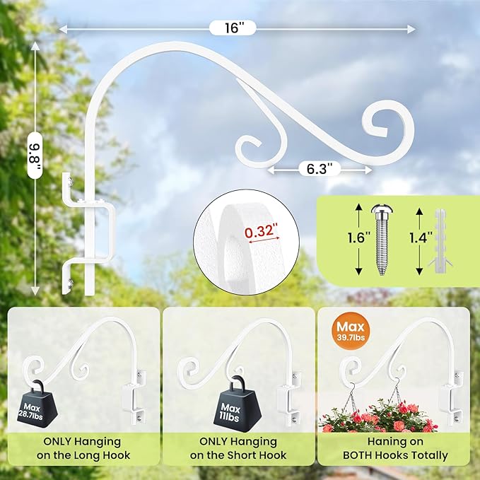 Swivel Plant Hanger, 16 Inch Metal Plant Hangers Outdoor Dual Hook Design Wall Plant Hanger Heavy Duty Plant Hangers Outdoor for Hanging Bird Feeders, Cages, Lanterns, Baskets, Wind Chimes, White