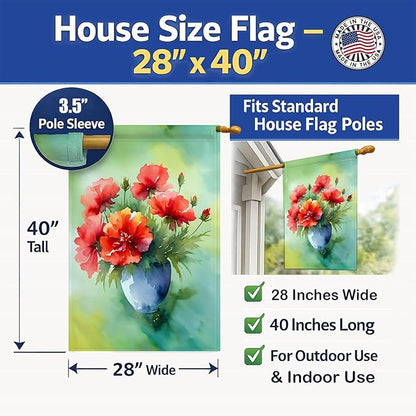 Caroline's Treasures Ohio Scarlet Carnations in Watercolor House Flag Large Porch Sleeve Pole Decorative Outside Yard Banner Artwork Wall Hanging, Polyester, House Size, Multicolor