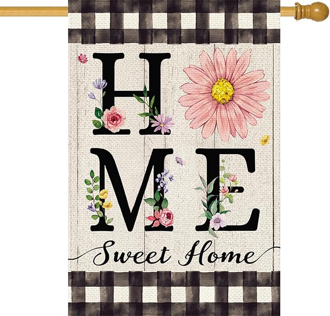 ORTIGIA Spring Summer Daisy House Flag Burlap Double Sided Home Sweet Home Floral Flower Large House Flag Farmhouse Buffalo Plaid Yard Lawn Patio Outdoor Outside 28x40 Inch