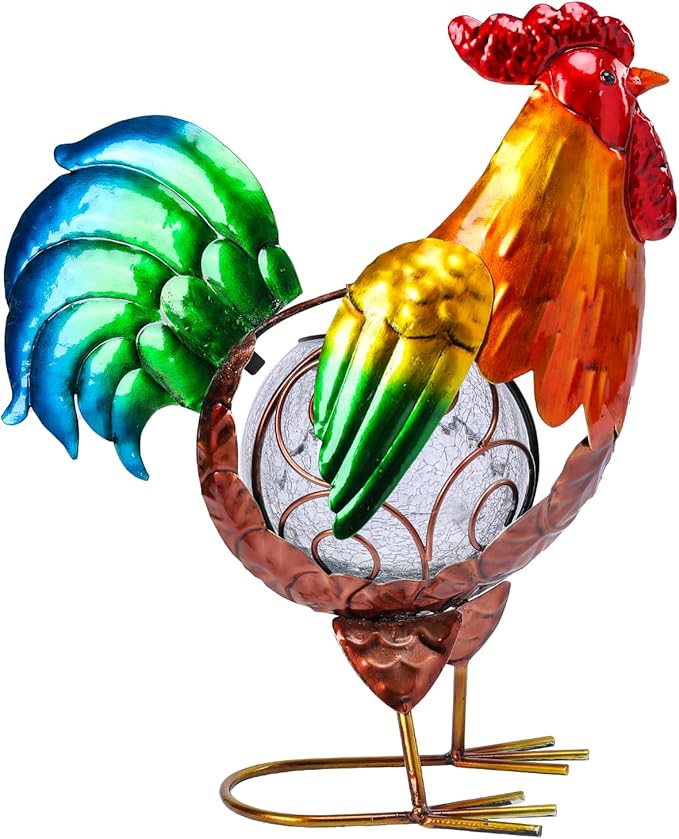 MUMTOP Rooster Solar Lights Outdoor Garden Decor, Rooster Solar Light Outdoor Waterproof with Crackle Glass Globe Gardening Statue Gifts and Metal Chicken Yard Art for Lawn Porch Patio Outside Garden