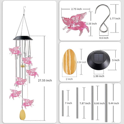 Pig Solar Wind Chimes with 4 Music Aluminum Tubes, 7 Colors Changing Outdoor Waterproof Flying Pig LED Wind Bell, Patio Garden Yard Decor(Mom, Women, Gardening Gifts)