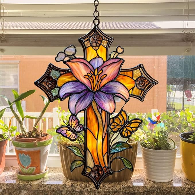 Magnolia Cross Acrylic Suncatcher Stained Glass Effect Window Car Hanging Christmas Ornament Indoor Outdoor Decor Garden Memorial Sun Catcher for Family Christmas Jesus Gift for Women Mom Grandma