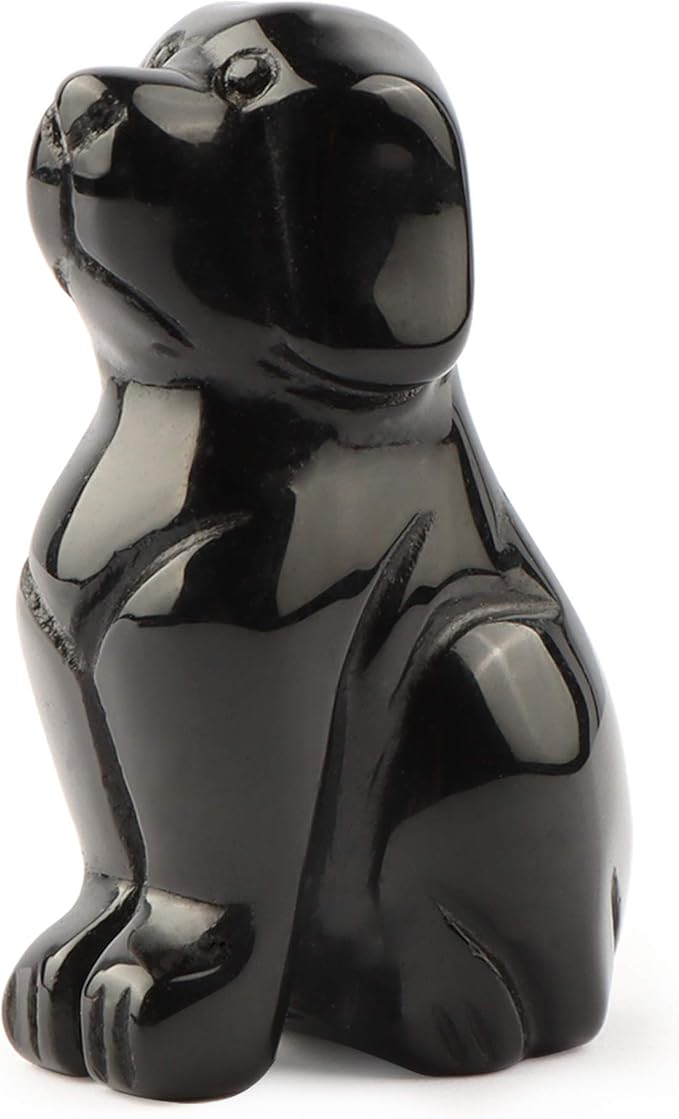 SMQ 2" Black Obsidian Crystal Dog Figurines Statue Hand Carved Gemstone Puppy Dog Decor Sculpture Reiki Healing Stones Ornament for Outdoor Home Office Decoration(Gift Box)