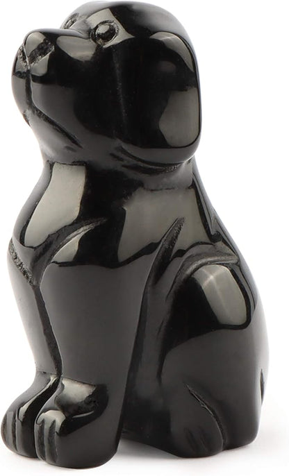SMQ 2" Black Obsidian Crystal Dog Figurines Statue Hand Carved Gemstone Puppy Dog Decor Sculpture Reiki Healing Stones Ornament for Outdoor Home Office Decoration(Gift Box)