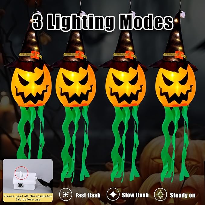 Halloween Decorations Outdoor Halloween Decor Hanging Outdoor Lights Glowing Pumpkin Witch Hat Indoor Ornaments Lights for Party Porch Tree Yard (4Pcs)