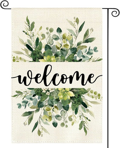 AVOIN colorlife Spring Summer Floral Welcome Garden Flag 12x18 Inch Double Sided Outside, Eucalyptus Seasonal Farmhouse Yard Outdoor Flag