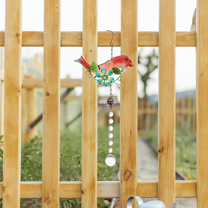 TIDTALEO Glass and Iron Garden Bird Hanging Statue Outdoor Decor with Realistic Bright Red Bird Design Creative Patio Ornament for Park and Home Landscaping