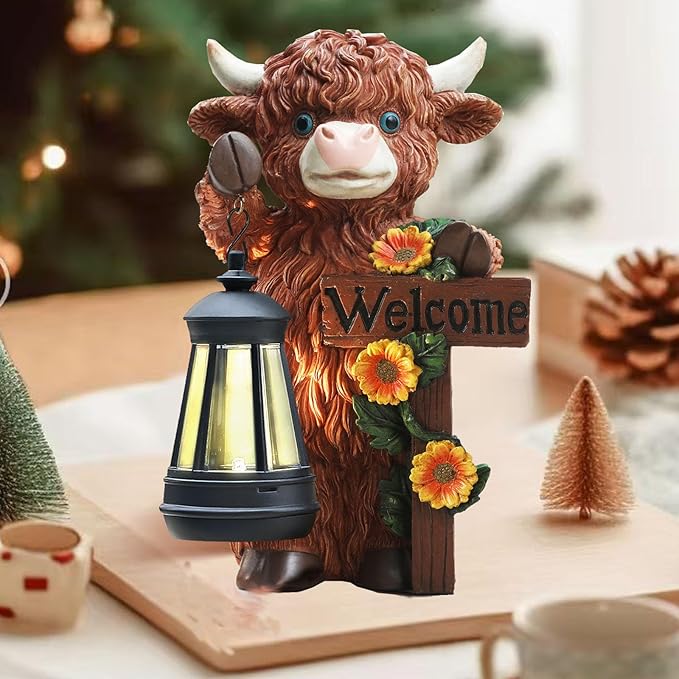 Solar Highland Cow Garden Decoration - Outdoor Waterproof Resin Statues with LED Lantern Lights, Solar Patio Figurines for Yard & Lawn (1-Pack, Auto On/Off), Decor for Inside&Outdoor