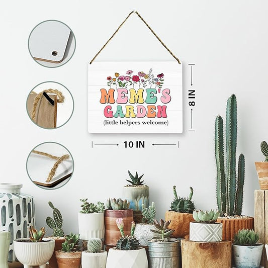 Meme's Garden Wooden Sign Decor, Indoor Decoration Hanging Signs 8x10 Inches, Outdoor Garden Decor Yard Wall Hanging Decor Sign, Mothers Day Gifts Birthday Gifts for Mom Grandma