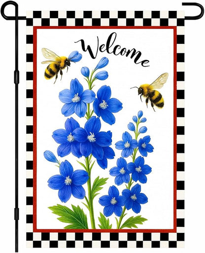 IVN Floral Welcome Garden Flag 12x18 Inch Double Sided Yard Flag Double Sided Bluebells Flowers with Bees Decorative Small Flags for Outside Seasonal Farmhouse Yard Outdoor Decoration Flags