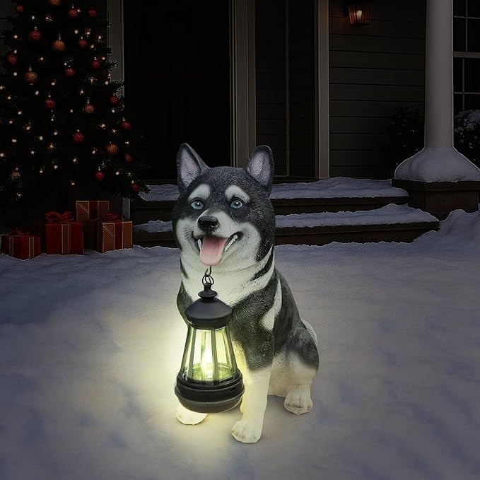 Akita Dog Garden Statue with Solar Lantern Light, Outdoor Resin Puppy Animal Figurine with Double-Sided Welcome & On Patrol Sign, 11.4" Yard Art Decor for Patio Lawn Porch Dog Lover Gift