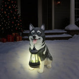 Akita Dog Garden Statue with Solar Lantern Light, Outdoor Resin Puppy Animal Figurine with Double-Sided Welcome & On Patrol Sign, 11.4" Yard Art Decor for Patio Lawn Porch Dog Lover Gift