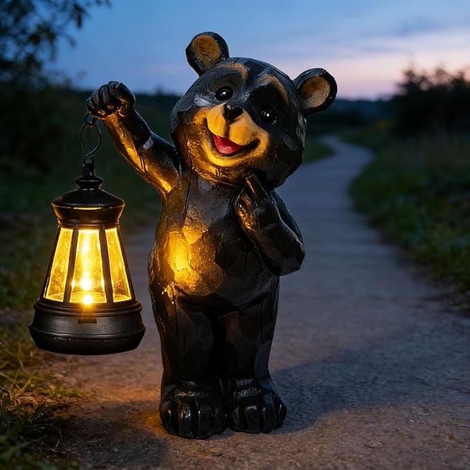 Garden Statues Bear Solar Figurine Lanterns Outdoor Waterproof Lights, Yard Decorations, Garden Decor Unique Birthday Housewarming Gifts for Mom, Resin Material, Hand-Painted