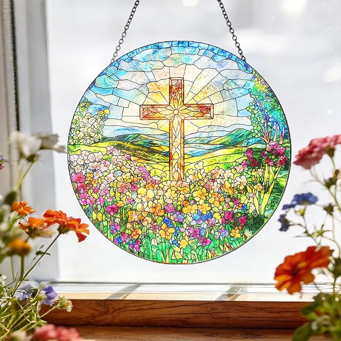 Cross and Wildflower Stained Glass Suncatcher, Christian Cross Window Hanging Decor, Religious Faith Gift, Garden Sun Catchers Hanging Wall Art 8 inch