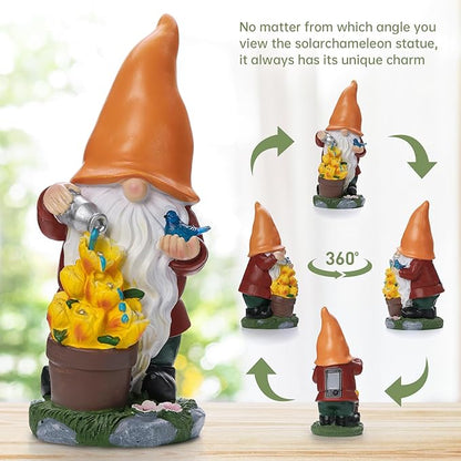 Solar Gnome Statue Outdoor Decor,Gnome Figurines with Flower LED Light for Garden Decorations for Patio Lawn Balcony Fairy Gardens,Housewarming Gifts for Women Mom